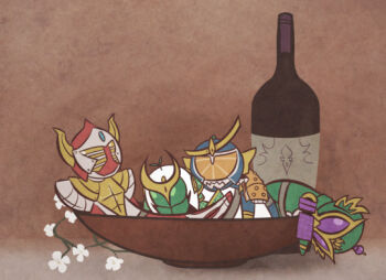Rule 34 | 4boys, armor, banana, bottle, bowl, cherry blossoms, chibi, drink bottle, egophiliac, food, fruit, fruit bowl, grapes, green armor, helmet, kamen rider, kamen rider baron, kamen rider gaim, kamen rider gaim (series), kamen rider ryugen, kamen rider zangetsu, leaf, male focus, mask, masked, masked male, melon, multiple boys, orange (fruit), orange armor, painting (medium), purple armor, red armor, still life, traditional media, yellow armor