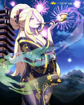 1girl alternate_costume alternate_hairstyle breasts cleavage closed_mouth cloud cowboy_shot cynthia_(pokemon) fireworks floral_print flower gen_2_pokemon hair_bun hair_flower hair_ornament hair_over_one_eye hair_stick highres ho-oh holding holding_smoking_pipe japanese_clothes kimono large_breasts legendary_pokemon long_hair long_sleeves night nintendo pagoda pantyhose pokemon pokemon_(creature) pokemon_dppt purple_eyes purple_kimono purple_pantyhose purple_theme side_slit smile smoke smoke_trail smoking smoking_pipe smoking_pipe_in_mouth solo swept_bangs wide_sleeves zuchysdraws