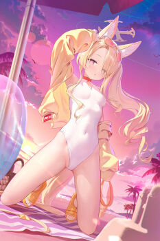 1girl :o above-cleavage_cutout absurdres adjusting_eyewear animal_ear_fluff animal_ears arm_up armpits bare_legs beach beach_mat beach_umbrella blonde_hair blue_archive breasts clothing_cutout collarbone commentary_request covered_navel cross_halo diamond_cutout eyes_visible_through_hair eyewear_on_head feet fox_ears fox_girl groin hair_over_one_eye halo hat highleg highleg_one-piece_swimsuit highres holding holding_unworn_clothes holding_unworn_hat houkisei innertube jacket kneeling loli long_hair long_sleeves looking_at_viewer multicolored_eyes off_shoulder official_alternate_hairstyle one-piece_swimsuit open_clothes open_jacket open_mouth orange-tinted_eyewear paid_reward_available pink_eyes sand_castle sand_sculpture sandals seia_(blue_archive) seia_(swimsuit)_(blue_archive) side_ponytail slit_pupils small_breasts solo star_ornament sun sunglasses sunset swim_ring swimsuit tail tail_ornament thighs tinted_eyewear toenails toes umbrella under_umbrella unworn_hat unworn_headwear very_long_hair very_long_tail visor_cap white_one-piece_swimsuit yellow_halo yellow_jacket yellow_sandals yellow_visor
