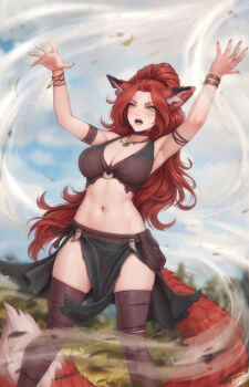 1girl ajhira_(personal_ami) animal_ears armpits blush bracelet breasts choker cleavage cloud commentary english_commentary forest fox_ears halterneck highres jewelry large_breasts magic nature navel necklace open_mouth original personal_ami red_hair sky solo tail tsurime wide_hips wind yellow_eyes