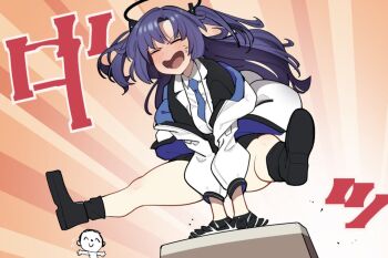 1boy 1girl between_breasts black_gloves black_jacket black_shoes black_skirt black_socks blue_archive blue_necktie blush breasts closed_eyes closed_mouth collared_shirt commentary_request doodle_sensei_(blue_archive) flying_sweatdrops gloves jacket long_hair long_sleeves medium_breasts necktie necktie_between_breasts nose_blush open_mouth pleated_skirt puffy_long_sleeves puffy_sleeves purple_hair sensei_(blue_archive) shirt shoe_soles shoes skirt socks solo_focus sweat tunao two_side_up v-shaped_eyebrows vaulting_horse very_long_hair white_jacket white_shirt yuuka_(blue_archive)