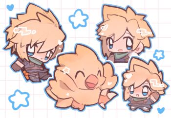 1boy blonde_hair blue_eyes blue_pants blue_shirt blym7oym7759061 chibi chibi_only chocobo cloud_strife crisis_core:_final_fantasy_vii final_fantasy final_fantasy_vii gloves green_scarf grid_background hair_between_eyes highres knee_pads male_focus multiple_views open_mouth pants scarf shinra_infantry_uniform shirt short_hair smile spiked_hair