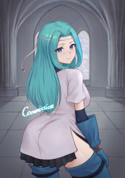 Rule 34 | 1girl, absurdres, aqua hair, ass, closed mouth, commission, fiora (fire emblem), fire emblem, fire emblem: the blazing blade, gloves, highres, indoors, lesu, long hair, looking at viewer, nintendo, smile, solo
