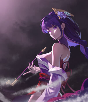 100b 1girl absurdres back back_bow bare_back bare_shoulders blunt_bangs bow braid breasts closed_mouth commentary_request detached_collar expressionless fan_hair_ornament flower flower_ornament from_behind genshin_impact glowing glowing_eyes gradient_hair hair_ornament head_tilt highres holding holding_smoking_pipe japanese_clothes large_breasts long_braid long_hair long_sleeves looking_at_viewer looking_to_the_side mole mole_under_eye multicolored_eyes multicolored_hair off_shoulder purple_background purple_flower purple_nails raiden_shogun red_sash ribbon sash shade sideboob single_braid smoke smoke_trail smoking_pipe solo upper_body wide_sleeves