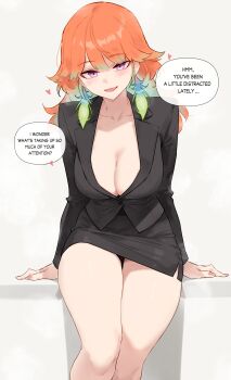 1girl absurdres alternate_costume black_jacket black_skirt bluefield blush breasts cleavage collarbone commentary english_text green_hair grey_background highres hololive hololive_english jacket large_breasts looking_at_viewer multicolored_hair office_lady open_mouth orange_hair pencil_skirt pink_eyes simple_background sitting skirt solo speech_bubble takanashi_kiara thighs two-tone_hair virtual_youtuber