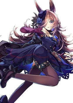 1girl absurdres animal_ears bare_shoulders black_thighhighs blue_flower blue_hat blue_rose blush breasts brown_hair dagger dress fascinator flipped_hair flower fur_choker hair_over_one_eye hat hat_flower highres horse_ears horse_girl horse_tail knife long_hair long_sleeves looking_at_viewer off-shoulder_dress off_shoulder open_mouth parted_lips purple_eyes rice_shower_(rosy_dreams)_(umamusume) rice_shower_(umamusume) rose sheath sheathed simple_background small_breasts solo tail thighhighs tilted_headwear umamusume weapon white_background yu-muge