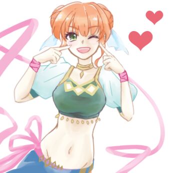 1girl breasts dancer double_bun fire_emblem fire_emblem:_the_binding_blade green_eyes hair_bun kagu_kaguya larum_(fire_emblem) looking_at_viewer medium_breasts midriff nintendo one_eye_closed open_mouth orange_hair solo