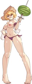 1girl artist_request blonde_hair breasts breasts_out clementine_(overlord) food fruit hat highres knife nails overlord_(maruyama) red_eyes smile swimsuit tagme watermelon
