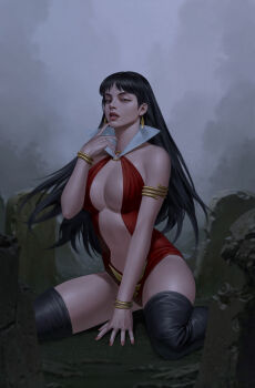 1girl black_boots black_hair boots bracelet breasts clothing_cutout collar earrings fog gold_bracelet grey_eyes highres jewelry kneeling large_breasts long_hair looking_at_viewer navel_cutout one-piece_swimsuit outdoors red_nails red_one-piece_swimsuit ruins solo swimsuit thigh_boots vampirella vampirella_(character) white_collar yoon_junggeun