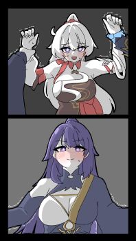 Rule 34 | 2girls, ahoge, armpit crease, blue eyes, blush, breasts, bright pupils, cleavage, collar, detached sleeves, hadanugi dousa, high ponytail, highres, holding another's wrist, honkai (series), honkai impact 3rd, kiana kaslana, kiana kaslana (ba-dum! fiery wishing star), large breasts, mokkyo (motkyo), multiple girls, nervous, open kimono, ponytail, pov, purple eyes, purple hair, raiden mei, raiden mei (herald of dawn), single detached sleeve, sweatdrop, symbol-shaped pupils, trembling, white hair, yuri