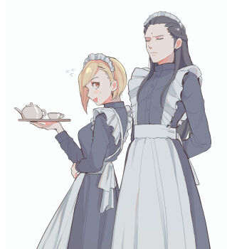 1boy 1girl alternate_costume apron arms_behind_back bindi black_dress black_hair blonde_hair closed_eyes commentary_request cup dress earrings elena_(ff7) enmaided final_fantasy final_fantasy_vii flying_sweatdrops half_updo highres holding holding_tray jewelry long_dress long_hair long_sleeves looking_at_another maid maid_apron maid_headdress nahogiisio open_mouth orange_eyes short_hair simple_background smile stud_earrings teacup teapot tray tseng white_apron white_background