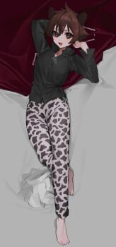 1girl :d androgynous animal_ears animal_print arm_behind_head barefoot bed_sheet black_pants black_shirt blanket bone breasts broken_bone brown_eyes brown_hair button_gap casual clenched_hands collared_shirt commentary crossed_legs dress_shirt from_above full_body hair_between_eyes hands_up highres hyena_ears hyena_girl leopard_print long_sleeves looking_at_viewer lying madaraba_iena murenase!_shiiton_gakuen on_back on_bed open_mouth pants pleated_skirt popped_collar print_pants shirt skirt small_breasts smile solo spiked_hair tan_(inka) teeth toes tomboy two-tone_pants unworn_skirt upper_teeth_only white_pants white_skirt