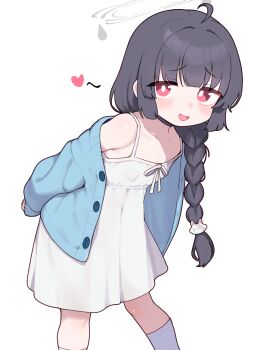 1girl absurdres ahoge arms_behind_back black_hair blue_archive blue_cardigan braid cardigan collarbone commentary dress feet_out_of_frame flat_chest grey_halo halo heart highres kneehighs leaning_forward lk149 long_hair long_sleeves looking_at_viewer miyu_(blue_archive) open_cardigan open_clothes open_mouth red_eyes revision simple_background single_braid socks solo spoken_heart white_background white_dress white_socks
