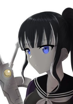 1girl absurdres assault_lily black_hair black_sailor_collar blue_eyes blunt_bangs closed_mouth commentary_request grey_shirt high_side_ponytail highres ki_no_hana long_hair looking_ahead multicolored_hair neckerchief portrait sailor_collar school_uniform serafuku shirt side_ponytail sidelocks simple_background solo streaked_hair weapon white_background white_neckerchief white_streaks yadoo