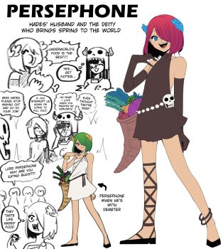 @_@ ancient_greek_clothes anklet arrow_(symbol) backless_dress backless_outfit bare_shoulders belt blue_eyes boned_meat bracelet breasts brown_dress brown_gloves bug chiton cleavage cornucopia crossdressing crossdressing_(mtf) dress eating elbow_gloves english_text fake_horns food fruit genderswap genderswap_(ftm) genderswap_(mtf) gloves gold_bracelet gradient_hair grapes greco-roman_clothes greek_mythology green_hair hades_(mythology) hair_over_one_eye hand_up helmet highres holding_bug horned_helmet horns husband_and_wife jewelry laurel_crown meat mole mole_on_breast multicolored_hair multiple_anklets multiple_moles multiple_views open_mouth original persephone_(mythology) red_eyes red_hair sarashi sharp_teeth short_dress skeleton skull skull-shaped_hat skull_belt sleeveless sleeveless_dress smile speech_bubble teeth thought_bubble trap upper_teeth_only wanderjegson