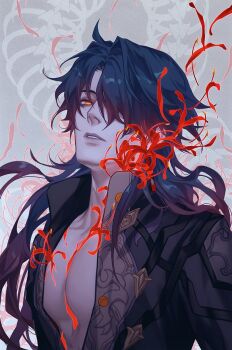 Rule 34 | 1boy, black shirt, blade (honkai: star rail), blue hair, collarbone, dark blue hair, flower, gradient hair, grey background, hair over one eye, highres, honkai: star rail, honkai (series), lips, long hair, long sleeves, looking at viewer, male focus, multicolored hair, open clothes, open shirt, pectorals, petals, purple hair, red eyes, red flower, shirt, simple background, solo, standing, teeth, zhyphenth