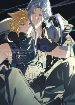 aqua_eyes armor baggy_pants bandaged_arm bandages bangle belt black_gloves blonde_hair blue_shirt bracelet closed_mouth cloud_strife feet_out_of_frame final_fantasy final_fantasy_vii final_fantasy_vii_remake gloves green_eyes grey_hair hair_between_eyes hand_in_another&#039;s_hair hand_on_another&#039;s_crotch highres jewelry lifestream long_bangs male_focus multiple_belts pants parted_bangs parted_lips pauldrons sephiroth shirt shoulder_armor single_pauldron sleeveless sleeveless_turtleneck slit_pupils smile suspenders turtleneck twitter_username yaoi yunyunonigiri