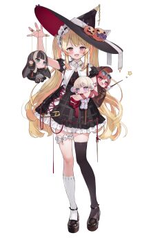 1girl absurdres asymmetrical_legwear black_shoes black_thighhighs blonde_hair blush brown_bag character_doll doll dress hat highres holding holding_doll hololive hololive_dev_is ichijou_ririka juufuutei_raden juufuutei_raden_(1st_costume) long_hair looking_at_viewer marimo_ke mismatched_legwear open_mouth otonose_kanade pink_eyes pumpkin_hat_ornament shoes simple_background single_thighhigh socks straight-on thighhighs todoroki_hajime todoroki_hajime_(1st_costume) twintails very_long_hair virtual_youtuber white_background white_socks witch_hat
