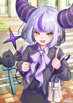 1girl :d ahoge bag black_horns black_jacket black_skirt black_vest blunt_bangs bob_cut bow bowtie collared_shirt commentary_request copyright_name crow_(la+_darknesss) day demon_horns grey_hair hololive horns jacket la+_darknesss looking_at_viewer metal_wrist_cuffs miniskirt multicolored_hair nakauma official_art open_mouth pencil_skirt pointy_ears purple_bow purple_bowtie purple_hair purple_shirt shirt short_hair shoulder_bag single_wrist_cuff skirt slit_pupils smile solo streaked_hair striped_horns suit_jacket tail two-tone_hair vest virtual_youtuber wrist_cuffs yellow_eyes