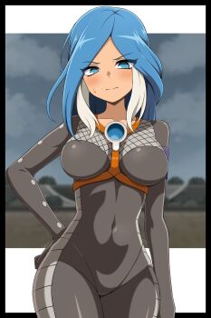 Rule 34 | 1girl, absurdres, black bodysuit, blue eyes, blue hair, blush, bodysuit, breasts, closed mouth, commentary request, covered navel, highres, inazuma eleven, inazuma eleven (series), large breasts, long hair, looking at viewer, multicolored hair, shabana may, skin tight, solo, sweatdrop, two-tone hair, urubida, white hair