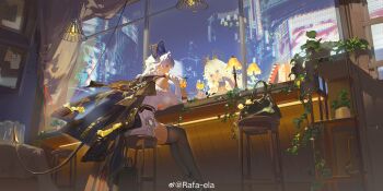 1girl absurdres black_bag black_horns black_jacket black_tail black_thighhighs chair clothing_cutout curled_horns demon_tail different_reflection dress grey_dress highres horns indoors jacket jacket_on_shoulders night official_alternate_costume on_chair rafaelaaa reflection shoulder_cutout sitting solo sweater sweater_dress tail thighhighs thighs wuthering_waves zani_(downtown_repose)_(wuthering_waves) zani_(wuthering_waves)