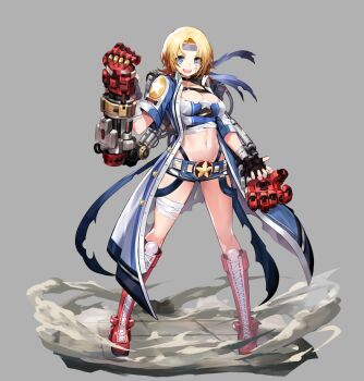 1girl aqua_eyes arm_warmers artist_request asymmetrical_footwear backpack bag bandaid bandaid_on_face belt black_choker black_gloves black_socks black_straps blonde_eyebrows blonde_hair blue_headband boots breasts buckle button_gap choker cleavage coat coco_(final_gear) collar collarbone collared_coat denim denim_shorts fang final_gear gloves grey_background happy headband highres hip_bones horizontal_striped_coat kneehighs knees lace-up_boots large_breasts leg_wrap mechanical_arms mismatched_footwear multicolored_boots multicolored_coat multicolored_sleeves multicolored_tank_top navel official_art on_floor open_clothes open_coat plus_sign red_boots rock short_hair short_shorts short_sleeves shorts smile smoke socks solo standing star_(symbol) star_ornament star_print straight-laced_footwear striped_belt striped_coat tachi-e teeth third-party_source tile_floor tiles tongue torn_clothes torn_coat torn_headband two-tone_belt upper_teeth_only vertical-striped_coat vertical-striped_tank_top white_collar