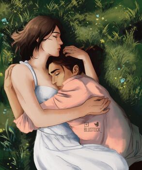 1boy 1girl arm_around_back artist_name bare_arms bare_shoulders between_breasts blustock breasts brown_hair closed_eyes couple dress eren_yeager face_between_breasts facial_scar grass hand_in_another's_hair head_between_breasts hetero highres hug jewelry medium_breasts medium_hair mikasa_ackerman outdoors pink_shirt ring scar scar_on_cheek scar_on_face shingeki_no_kyojin shirt sleeves_rolled_up sundress upper_body white_dress