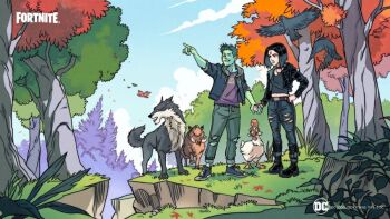 1boy 1girl animal beast_boy_(dc) bird black_eyes boar chicken colored_skin couple crow dc_comics forest fortnite gabriel_picolo gabriel_picolo_(artist) green_hair green_skin happy holding_hands leaf nature official_art pointing pointy_ears raven_(dc) smile teen_titans tree wolf