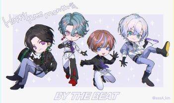 4boys :o aqua_hair belt black_belt black_boots black_eyes black_gloves black_hat black_shirt black_shoes blue_eyes blue_necktie blue_streaks boots brown_hair by_the_beat chibi chibi_only collared_shirt colored_inner_hair congratulations crossed_legs curtained_hair deformed diamond-shaped_pupils diamond_(shape) earrings empty_eyes english_text fedora freodore_(nijisanji) full_body gloves green_hair green_necktie grey_pants grey_shirt group_name hair_between_eyes hand_in_pocket hand_on_own_chest hat head_tilt highres holding holding_removed_eyewear holding_unworn_clothes holding_unworn_hat invisible_chair jewelry kaelix_debonair koujisako layered_shirt long_sleeves looking_at_viewer male_focus medium_hair middle_part milestone_celebration mismatched_earrings mole mole_under_eye multicolored_boots multicolored_eyes multicolored_hair multiple_boys multiple_rings necklace necktie nijisanji nijisanji_en no_nose official_artist_extra open_collar open_mouth outstretched_hand pants parted_bangs pink_eyes puffy_long_sleeves puffy_sleeves purple-tinted_eyewear purple_eyes purple_necktie purple_streaks reaching reaching_towards_viewer red_boots ring ringed_eyes seible_(nijisanji) shirt shoes short_hair side_part sitting smile smirk sparkle square-end_necktie squatting star-shaped_pupils star_(symbol) suspenders symbol-shaped_pupils thigh_boots thigh_strap tinted_eyewear turtleneck twitter_username two-tone_boots two-tone_eyes two-tone_shirt unworn_eyewear unworn_hat unworn_headwear virtual_youtuber walking white_hair white_pants white_shirt white_shoes wing_collar wolf_cut zeal_ginjoka