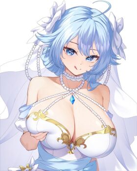 1girl :q ahoge artbymichi blue_eyes blue_hair bow breasts bridal_veil charlotte_veil cleavage dress gold_trim grabbing_own_breast hair_bow indie_virtual_youtuber jewelry necklace pearl_necklace second-party_source solo tongue tongue_out upper_body veil virtual_youtuber white_bow white_dress
