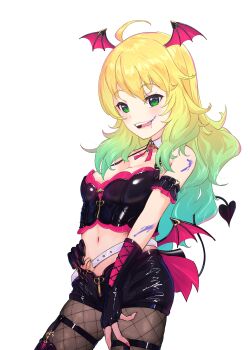 1girl absurdres ahoge armband asymmetrical_gloves belt black_gloves black_pantyhose black_shirt blonde_hair breasts cleavage collar commentary_request cowboy_shot crop_top cross-laced_clothes cross-laced_gloves demon_tail demon_wings detached_collar fingerless_gloves frilled_armband frills gloves gradient_hair green_eyes green_hair hand_on_own_stomach hand_on_own_thigh head_wings heart heart-shaped_pupils heart_o-ring highres hoshii_miki idolmaster idolmaster_million_live! idolmaster_million_live!_theater_days latex latex_gloves latex_shirt latex_shorts long_hair looking_at_viewer low_wings midriff monster!_devil_(idolmaster) multicolored_hair navel o-ring open_mouth paint_on_body pantyhose pink_nails pink_trim shiny_clothes shirt skindentation solo splashab symbol-shaped_pupils tail teeth thigh_strap tongue tongue_out white_belt white_collar wings