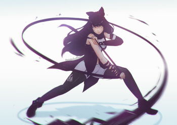 1girl artist_name attack bare_shoulders black_bow black_hair black_legwear black_ribbon black_scarf blake_belladonna bow breasts closed_mouth determined facing_viewer female_focus fighting_stance full_body gambol_shroud gradient_legwear gun hair_bow hair_ornament hair_ribbon hand_up holding holding_weapon koyorin kusarigama long_hair looking_at_viewer medium_breasts purple_legwear ribbon rwby scarf serious shoes sickle solo standing swinging trigger weapon whip wide_stance yellow_eyes