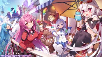 5girls :o absurdres arm_rest blonde_hair blue_eyes blue_hair blush closed_eyes closed_mouth dmm fang food grey_hair hair_between_eyes hair_ribbon hand_to_own_mouth highres holding holding_food holding_ice_cream ice_cream ice_cream_cone looking_at_viewer multiple_girls navel open_mouth outdoors pink_hair purple_hair red_eyes ribbon sitting smile standing thighhighs thighs twinkle_star_knights yellow_eyes