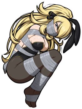 absurdres arms_behind_back bdsm bondage bound cynthia_(pokemon) gag gagged highres improvised_gag magnolia-baillon nintendo pokemon pokemon_(creature) restrained shibari tape tape_bondage tape_gag taped_arms taped_fingers