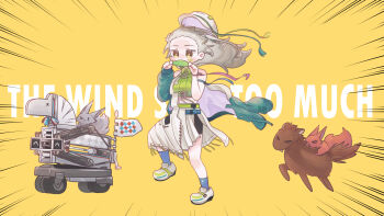 &gt;_&lt; 1girl animalization arknights ashlock_(arknights) blue_socks breasts commentary detached_sleeves emphasis_lines english_text fartooth_(arknights) fartooth_(hear_the_wind_sing)_(arknights) flametail_(arknights) grey_hair haaiiro hat highres horse justice_knight_(arknights) kyoufuu_all_back_(vocaloid) leaf_in_mouth long_hair midriff multiple_girls official_alternate_costume simple_background single_detached_sleeve socks solo squirrel white_hat wild_mane_(arknights) yellow_background