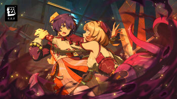 2girls absurdres belle_(delicate_sunlight)_(zenless_zone_zero) belle_(zenless_zone_zero) blonde_hair blue_hair copyright_logo copyright_name eye_contact green_eyes hair_ornament hairclip hand_grab hat highres logo looking_at_another multiple_girls nail_polish official_alternate_costume official_art open_mouth short_hair tentacle_girl tentacle_tail yidhari_murphy zenless_zone_zero