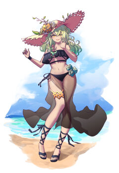 1girl absurdres alternate_costume antlers beach bikini black_bikini black_sandals black_sarong breasts ceres_fauna commentary cross-laced_bikini cross-laced_clothes cross-laced_top feet flower frilled_bikini frills gold_thighlet gradient_hair green_hair hair_flower hair_ornament hat high_heel_sandals highres hololive hololive_english horns jewelry large_breasts leg_ribbon long_hair looking_at_viewer mole mole_under_eye multicolored_hair parted_lips realapple ribbon ruffle_bikini sandals sarong see-through_clothes see-through_sarong side-tie_bikini_bottom side_slit smile solo strapless strapless_bikini straw_hat streaked_hair sun_hat swimsuit thighlet toes underboob virtual_youtuber wrist_cuffs yellow_eyes