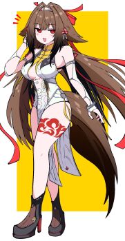 1girl animal_ear_fluff animal_ears armlet bare_shoulders black_shoes blush border bracelet breasts brown_hair brown_tail china_dress chinese_clothes clover clover_hair_ornament dress droopy_ears full_body hair_ornament hairband hand_up highres jewelry leg_tattoo long_hair looking_at_viewer medium_breasts metal_bracelet notice_lines open_mouth red_eyes shoes silver_armlet silver_bracelet solo tail tattoo very_long_hair white_border white_dress white_hairband ye_shunguang yellow_background yuntaro_(ramen_star) zenless_zone_zero