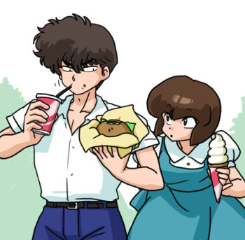 1boy 1girl belt breasts brown_hair burger food fuurinkan_high_school_uniform holding holding_burger holding_food holding_ice_cream_cone ice_cream_cone kunou_tatewaki lowres open_mouth ranma_1/2 school_uniform shirt tendou_nabiki wanta_(futoshi) white_shirt