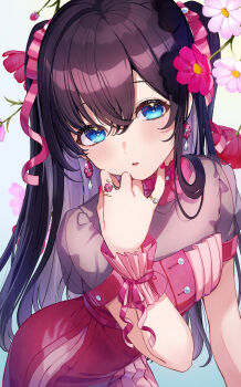 1girl aoto_neko blue_eyes blush breasts cosmos_(flower) dress earrings flower grey_hair hair_flower hair_ornament hair_ribbon highres jewelry long_hair looking_at_viewer multicolored_hair original parted_lips ribbon ring small_breasts solo two-tone_hair wrist_ribbon