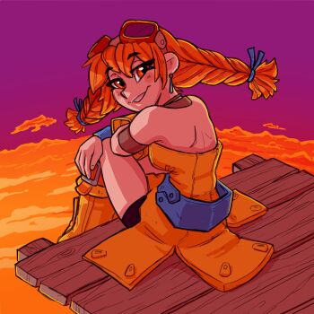 1girl aika_(eternal_arcadia) back belt blush boots braid earrings eternal_arcadia female_focus goggles goggles_on_head highres jewelry looking_at_viewer orange_hair shorts siebedraws solo twin_braids