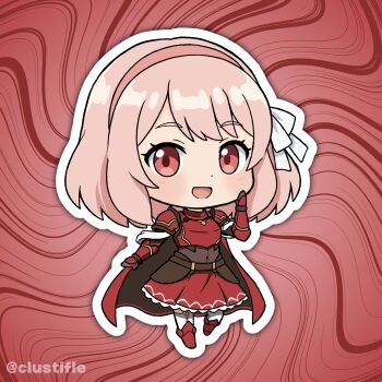 1girl armor braid chibi chibi_only clustifle fire_emblem fire_emblem_engage grey_hairband hairband highres lapis_(fire_emblem) looking_at_viewer nintendo pink_eyes pink_hair red_armor red_hairband ribbon side_braid solo two-tone_hairband white_ribbon