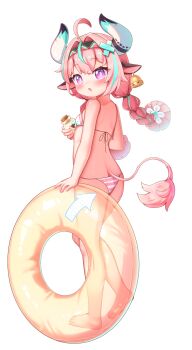 1girl absurdres aged_down ahoge akimiya_yamiku animal_ears barefoot bell bikini blue_hair blush braid breasts cow_ears cow_girl cow_horns cow_tail ear_bell genshin_impact hair_intakes hair_ornament highres holding holding_jar horns innertube jar long_hair multicolored_hair open_mouth pink_hair purple_eyes simple_background small_breasts solo streaked_hair string_bikini striped_bikini striped_clothes swim_ring swimsuit tail toes twin_braids varesa_(genshin_impact) white_background x_hair_ornament