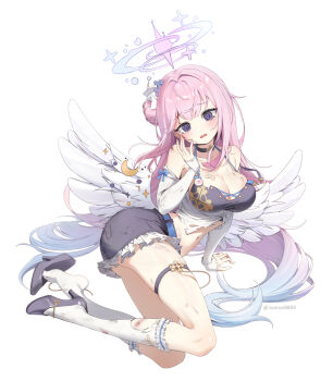 Rule 34 | 1girl, @ @, alternate costume, arm support, ass, bare shoulders, belt, black choker, black shoes, black shorts, blue archive, blue belt, blue hair, blunt bangs, blush, breasts, choker, cleavage, crop top, deep skin, detached sleeves, dirty, eyelashes, feathered wings, flower, frilled shorts, frilled socks, frills, full body, furrowed brow, gradient hair, hair bun, hair flower, hair intakes, hair ornament, hair spread out, halo, hand up, hashtag-only commentary, head tilt, high heels, icarus9854, kneehighs, large breasts, long hair, looking at viewer, low wings, mika (blue archive), multicolored hair, navel, open mouth, pink hair, pink halo, purple eyes, purple flower, shiny skin, shoe dangle, shoes, shorts, simple background, single side bun, sitting, skindentation, socks, solo, stomach, thigh strap, thighs, torn clothes, tsurime, twitter username, very long hair, wavy mouth, white background, white socks, white wings, wings, yokozuwari