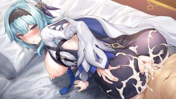 Rule 34 | 1boy, 1girl, all fours, anus, ass, bed sheet, bent over, blue necktie, blush, breasts, breasts out, cape, clothed female nude male, clothed sex, commentary request, cum, cum in pussy, cum on ass, cum on body, eula (genshin impact), genshin impact, hair ornament, hairband, hand on own ass, hetero, highres, large breasts, large variant set, leotard, long hair, necktie, nipples, nude, on bed, penis, pillow, pineapp panda, puckered anus, pussy, sex, thighhighs, torn clothes, torn leotard, uncensored, vaginal, variant set