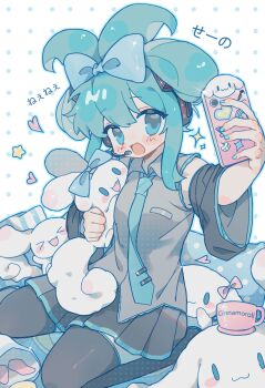 1girl :3 :d absurdres ai_ying_ying_ying_ying bare_shoulders black_boots black_skirt black_sleeves blue_bow blue_eyes blue_hair blue_nails blue_necktie blue_outline blush_stickers boots bow cellphone character_name cinnamiku cinnamoroll collared_shirt cup detached_sleeves fuwa_fuwa_cinnamoroll grey_shirt hair_bow hatsune_miku headset highres holding holding_phone long_sleeves looking_at_viewer miniskirt nail_polish necktie open_mouth outline phone pleated_skirt polka_dot polka_dot_background sanrio shirt short_hair sitting skirt sleeveless sleeveless_shirt smartphone smile taking_picture thigh_boots tie_clip translation_request twintails updo vocaloid wariza white_background