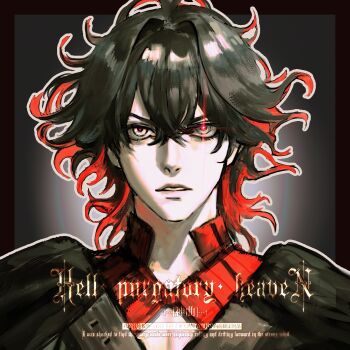 1boy black_hair colored_inner_hair curly_hair dante_alighieri_(fate) dante_alighieri_(second_ascension)_(fate) fate/grand_order fate_(series) glowing glowing_eye grey_background grey_eyes highres looking_at_viewer male_focus medium_hair multicolored_hair open_mouth portrait red_hair shirt solo two-tone_hair yaojianzhanloulan