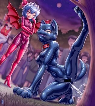 3girls all_fours animal_hands aozame_takao bar_censor bat_wings bdsm bitch_taken_for_walk blue_bodysuit blue_eyes blue_hair blurry blurry_background bodysuit bondage_mittens boots breasts brown_hair censored collar corset covered_erect_nipples covered_pussy crowd detached_sleeves dog_mask elbow_gloves fake_tail female_focus femdom full_moon gloves hakurei_reimu hat high_heel_boots high_heels holding holding_leash izayoi_sakuya latex latex_bodysuit leash leg_up medium_breasts mob_cap moon multiple_girls neck_corset night outdoors paw_gloves paw_shoes peeing peeing_like_a_dog pet_play petgirl purple_bodysuit red_corset red_eyes red_footwear red_gloves remilia_scarlet shiny_clothes small_breasts standing tail thigh_boots touhou tree wings yuri
