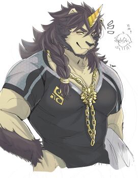 1boy absurdres animal_ears bara black_shirt braid commentary_request doodle_inset furry furry_male furry_with_non-furry gold_necklace highres horns interspecies izm_(izm_rm7) jewelry lion_ears lion_mane looking_at_viewer male_focus mythological_creature necklace pazuzu_(housamo) pointing pointing_at_another shirt signature single_horn tokyo_houkago_summoners white_background