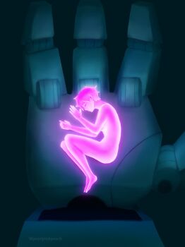 1girl blue_background breasts closed_eyes closed_mouth dispatch fewer_digits full_body glowing highres holding holding_mini_person invisigal_(dispatch) lying mini_person nude on_side pearlpinkpeach short_hair simple_background small_breasts solo